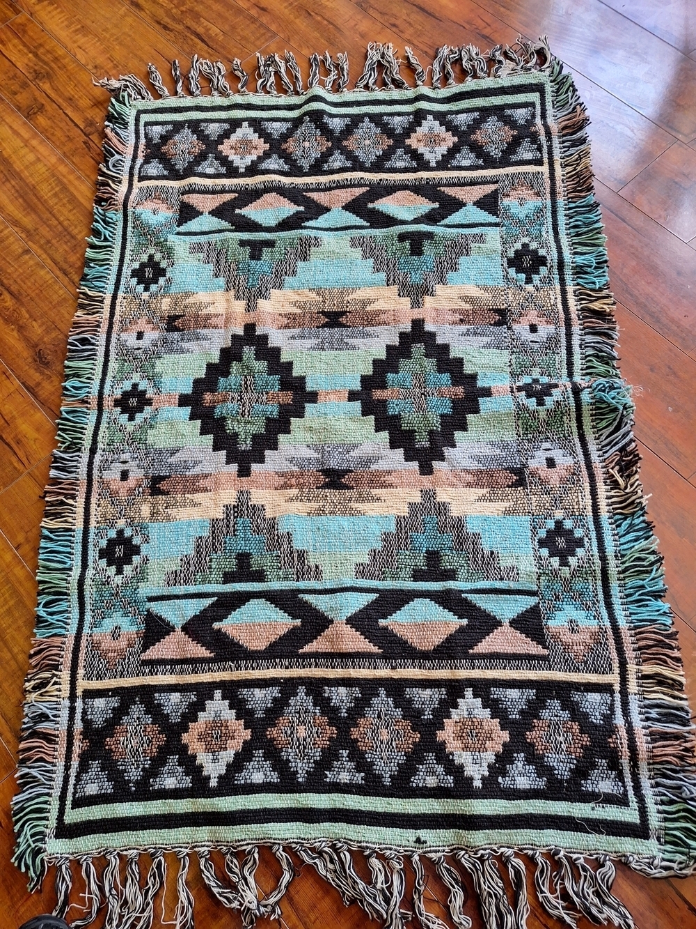 Southwestern Woven Fringe Rug - Aqua, Black & Tan